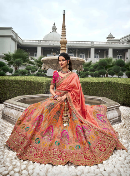 Peach & Coral Banarasi Silk Lehenga Choli with Zarkan Codding Work - Femenica