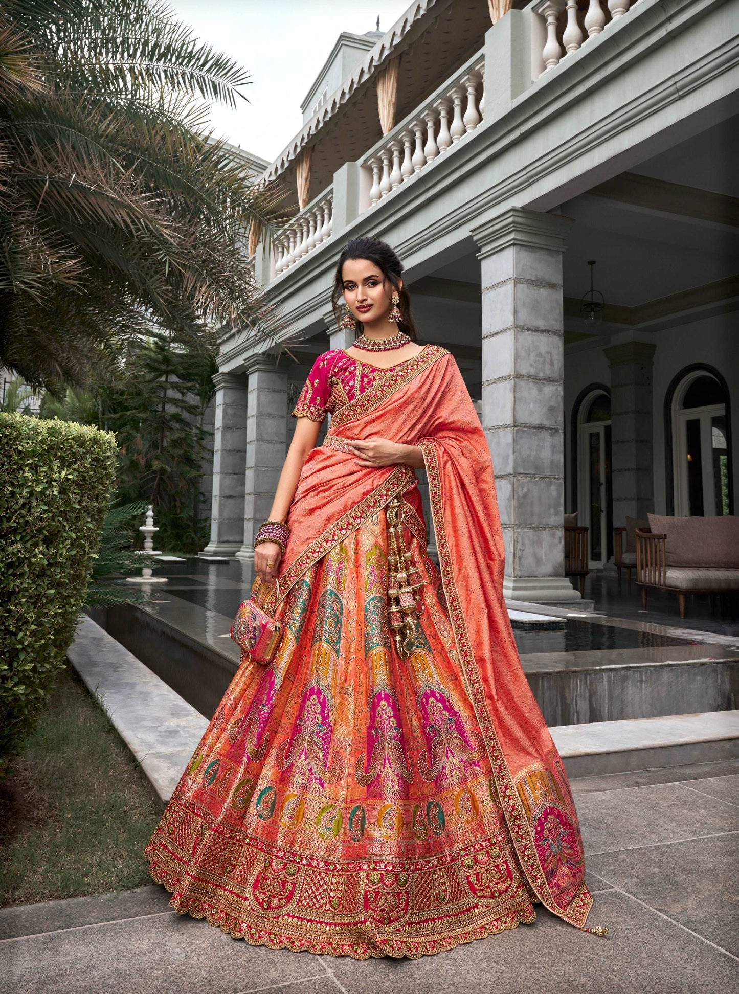 Peach & Coral Banarasi Silk Lehenga Choli with Zarkan Codding Work - Femenica