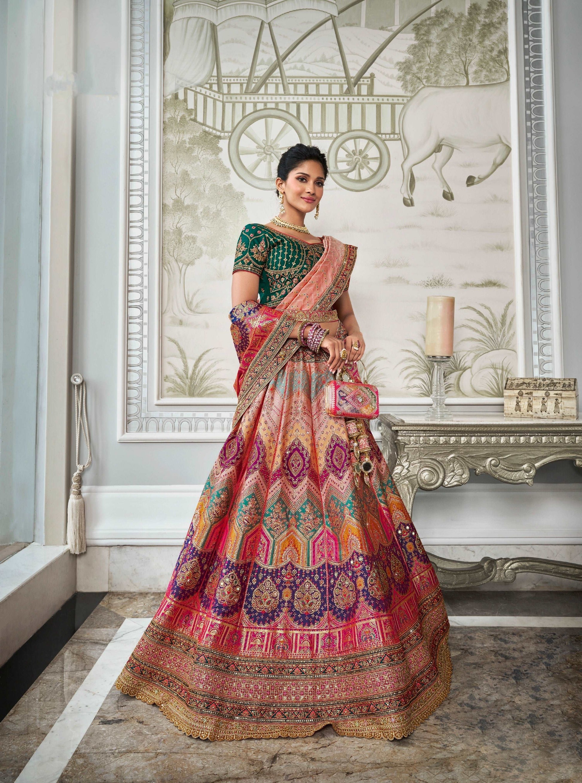 Multicolor Banarasi Silk Lehenga Choli with Zarkan Embroidery Work - Femenica