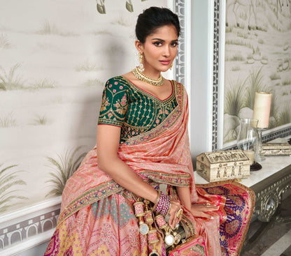 Multicolor Banarasi Silk Lehenga Choli with Zarkan Embroidery Work - Femenica