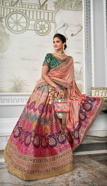 Multicolor Banarasi Silk Lehenga Choli with Zarkan Embroidery Work - Femenica