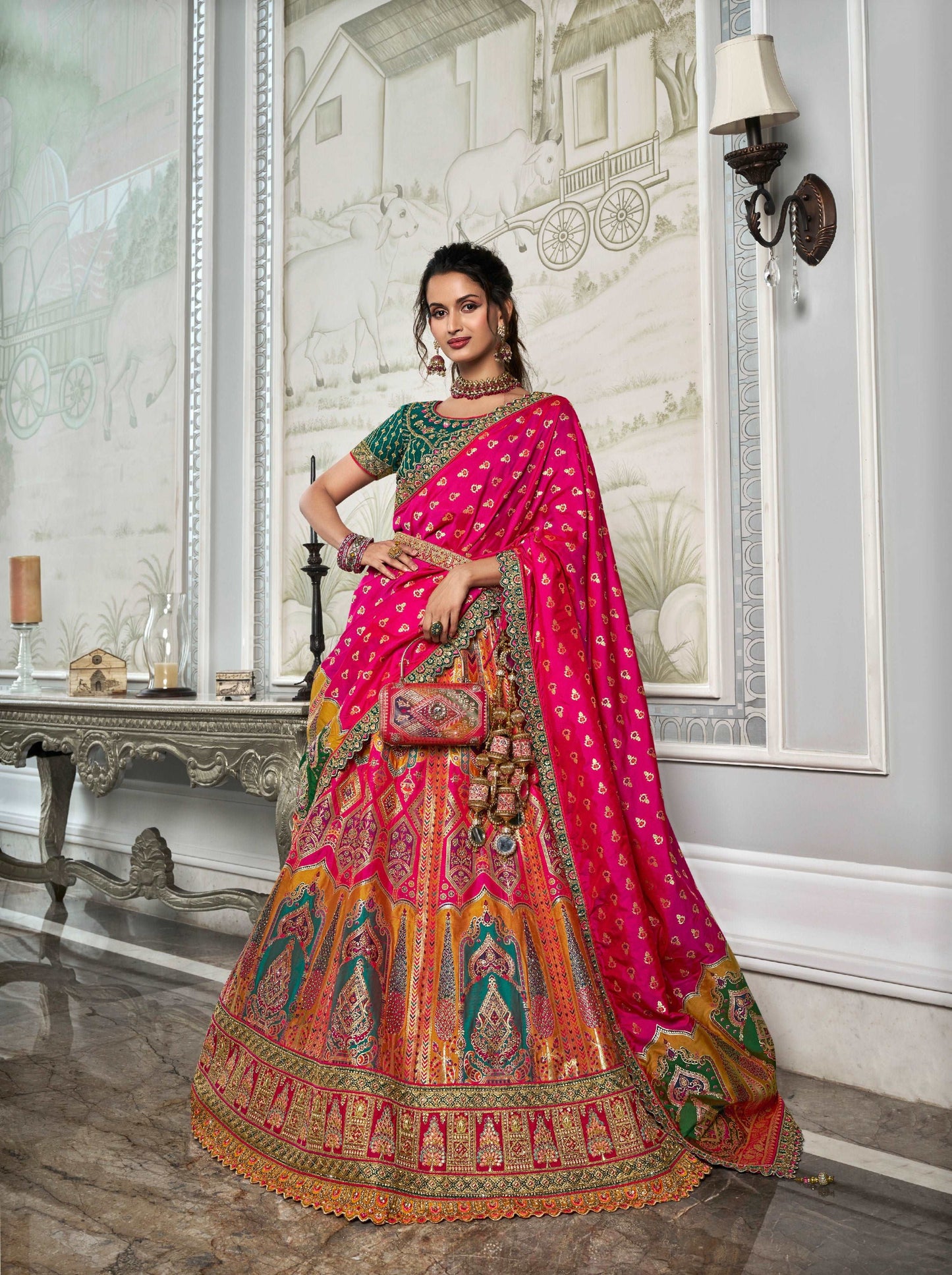 Magenta Banarasi Silk Lehenga Choli with Zarkan Codding Work - Femenica