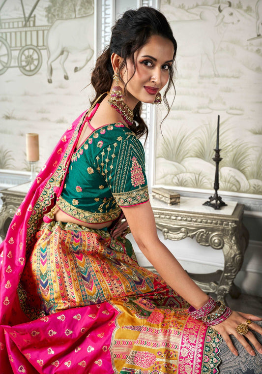 Magenta Banarasi Silk Lehenga Choli with Zarkan Codding Work - Femenica