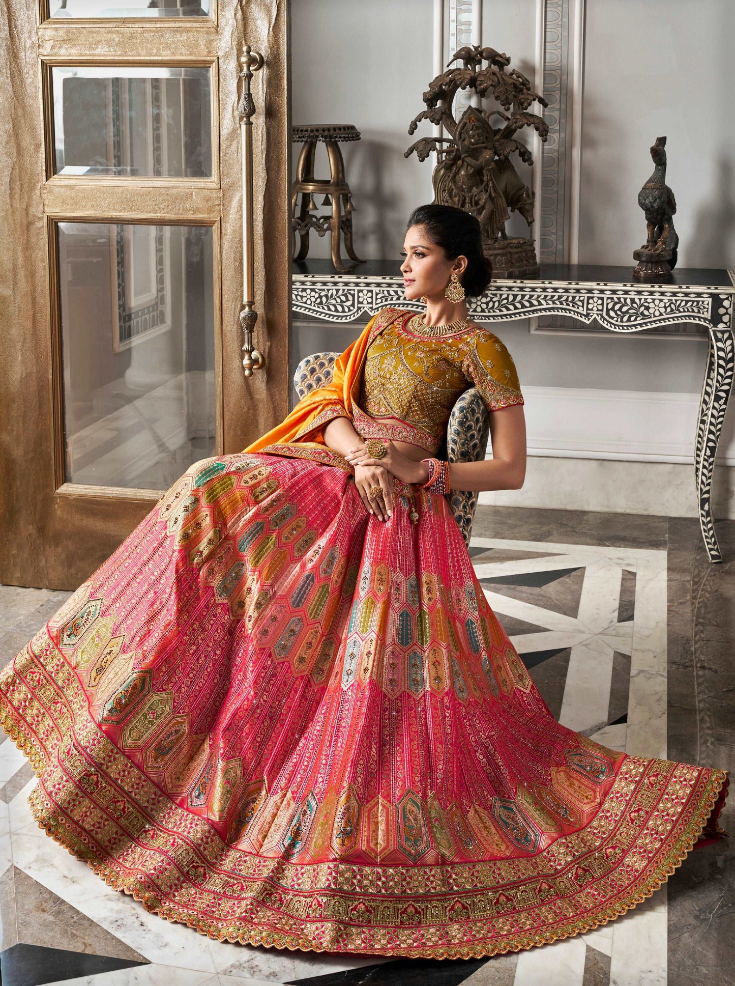 Orange & Gold Banarasi Silk Lehenga Choli with Zarkan Work - Femenica