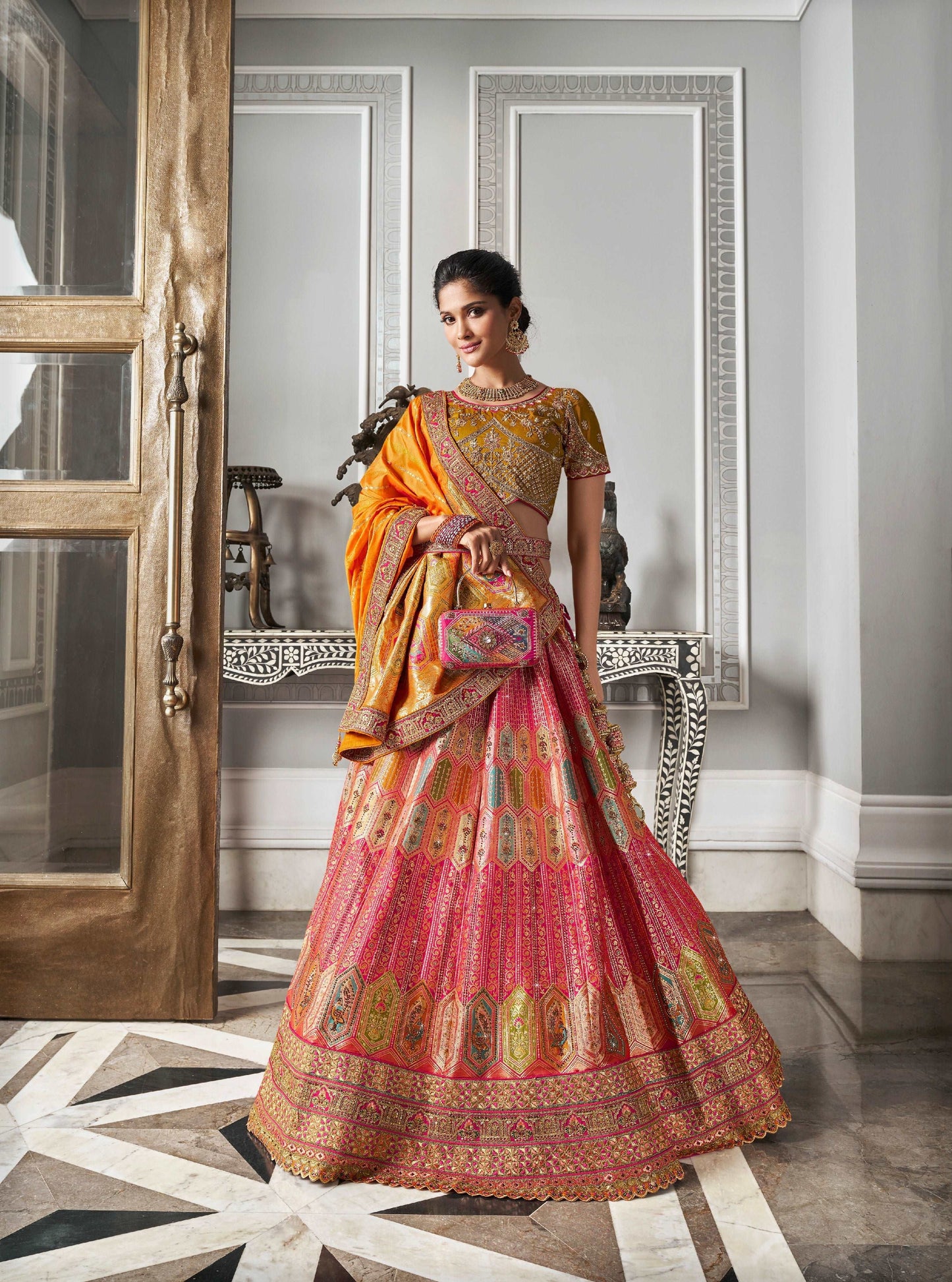 Orange & Gold Banarasi Silk Lehenga Choli with Zarkan Work - Femenica