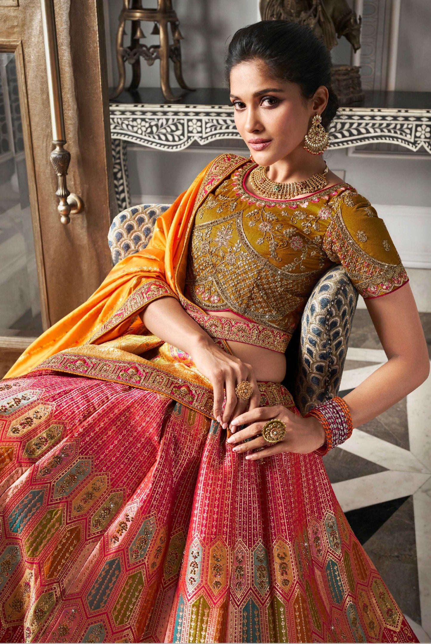 Orange & Gold Banarasi Silk Lehenga Choli with Zarkan Work - Femenica