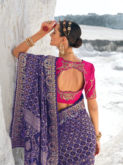 Purple Bandhani Patola Saree with Zari Weaving & Heavy Work Blouse - Femenica