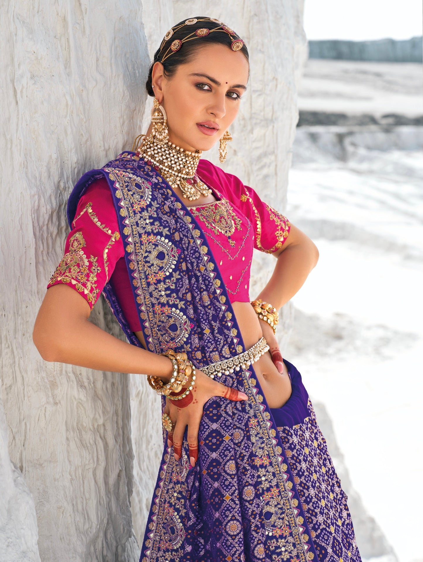 Purple Bandhani Patola Saree with Zari Weaving & Heavy Work Blouse - Femenica