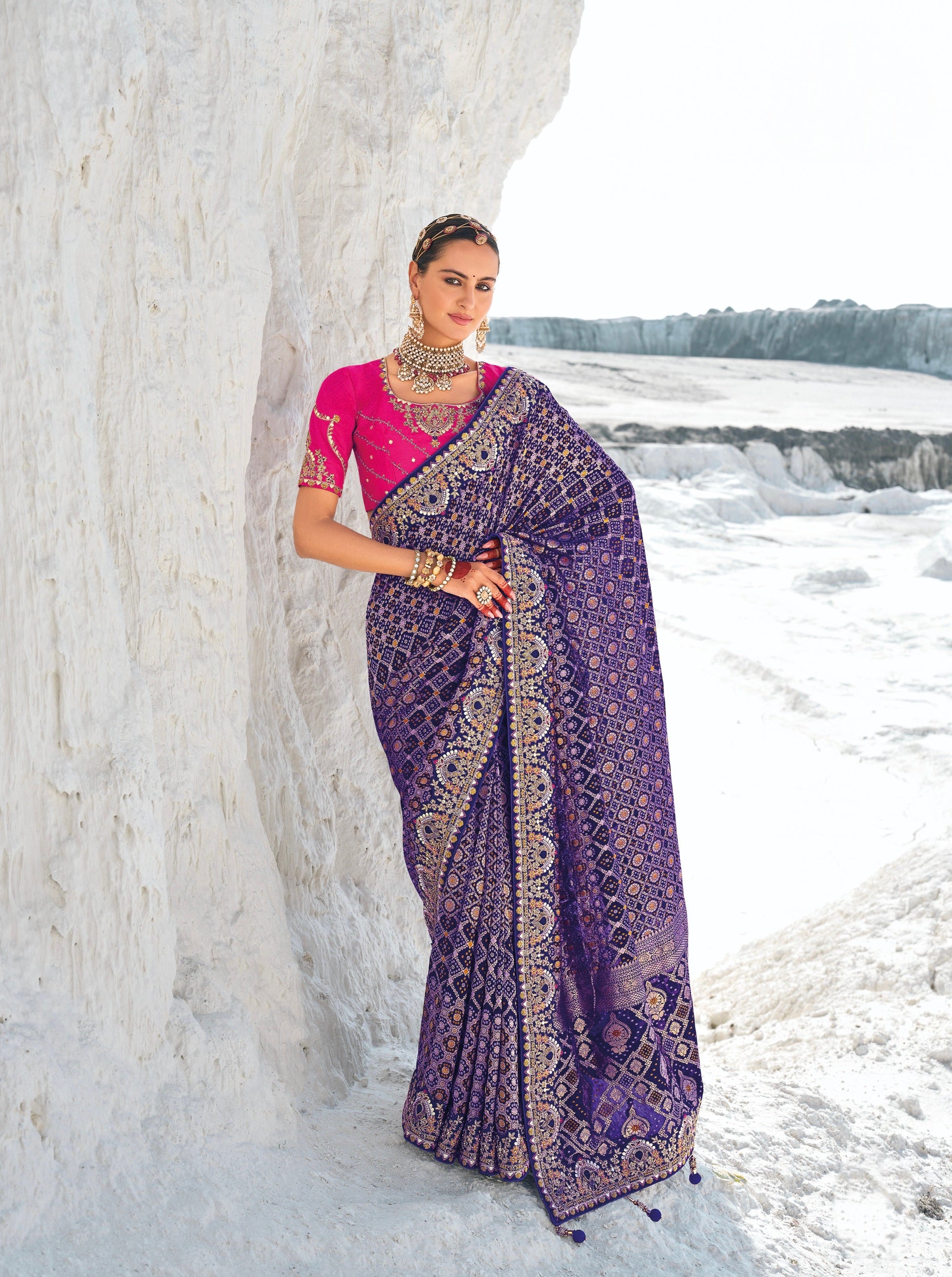 Purple Bandhani Patola Saree with Zari Weaving & Heavy Work Blouse - Femenica