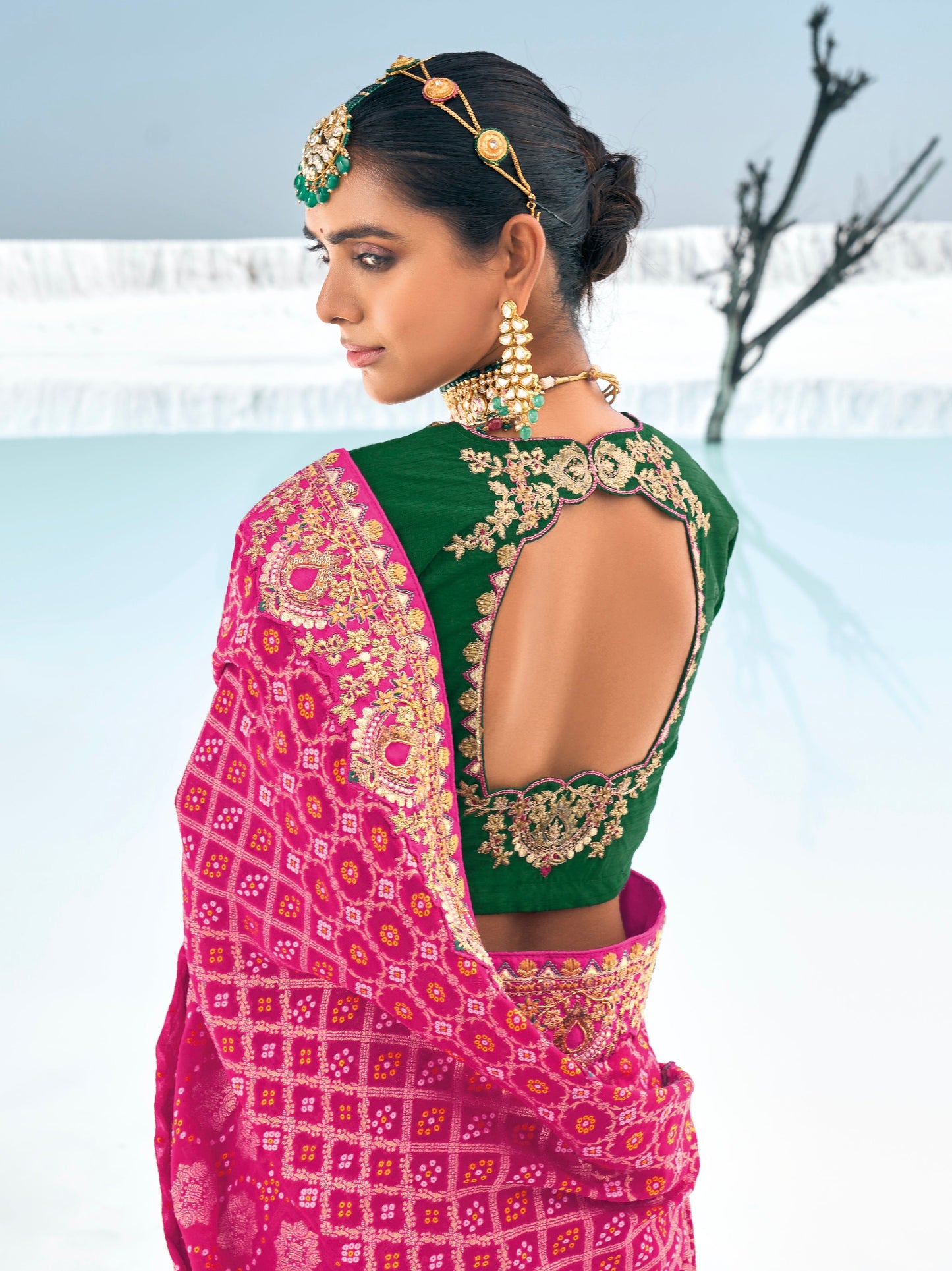 Pink Bandhani Saree with Zari Weaving & Designer Dual Blouses - Femenica