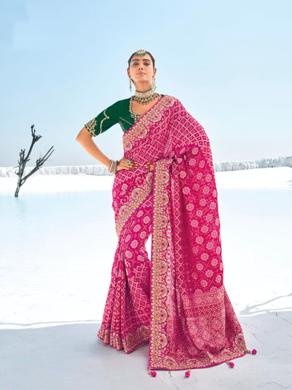 Pink Bandhani Saree with Zari Weaving & Designer Dual Blouses - Femenica