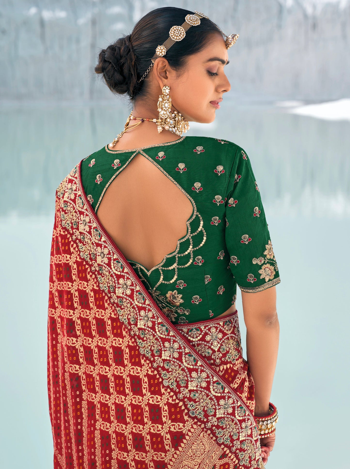 RED Bandhani Patola Saree with Zari Weaving & Dual Blouses - Femenica