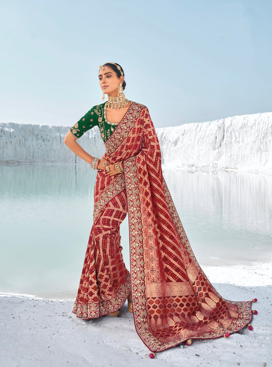 RED Bandhani Patola Saree with Zari Weaving & Dual Blouses - Femenica