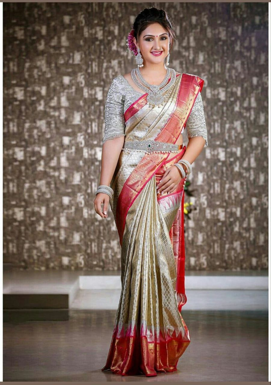 Tissue Silk Bridal Golden Saree - Femenica