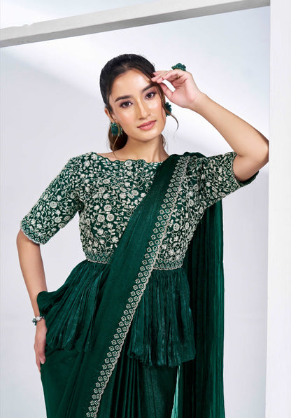 Emerald Green Ready-to-Wear Saree with Heavy Embellished Blouse - Femenica