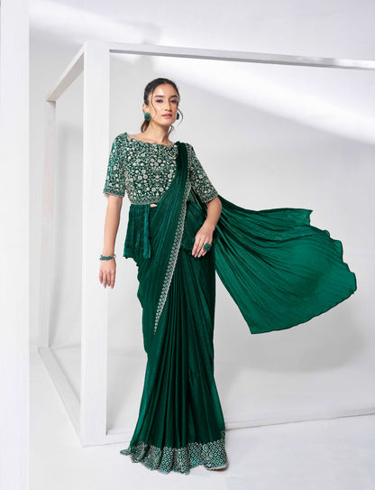 Emerald Green Ready-to-Wear Saree with Heavy Embellished Blouse - Femenica