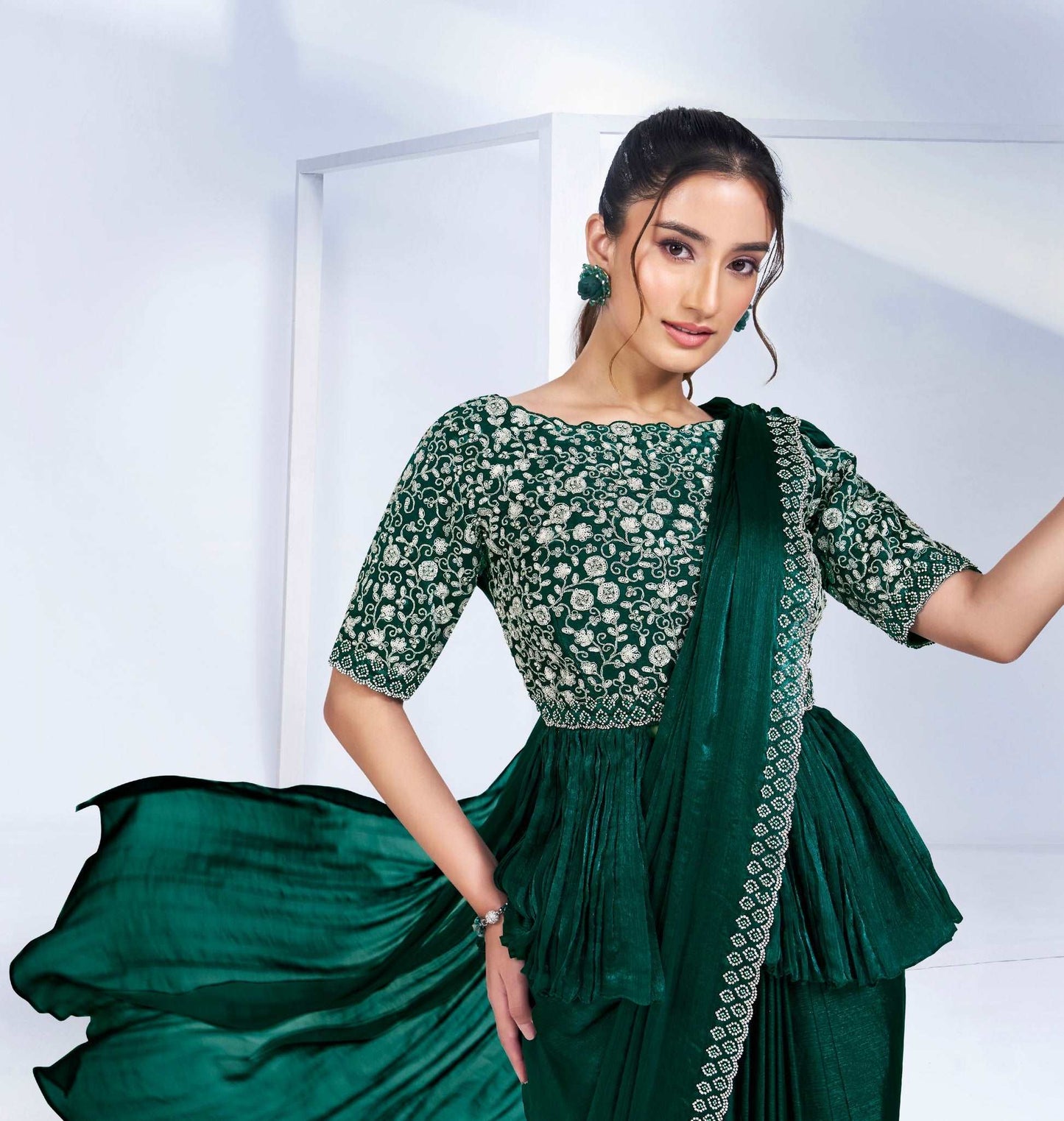 Emerald Green Ready-to-Wear Saree with Heavy Embellished Blouse - Femenica