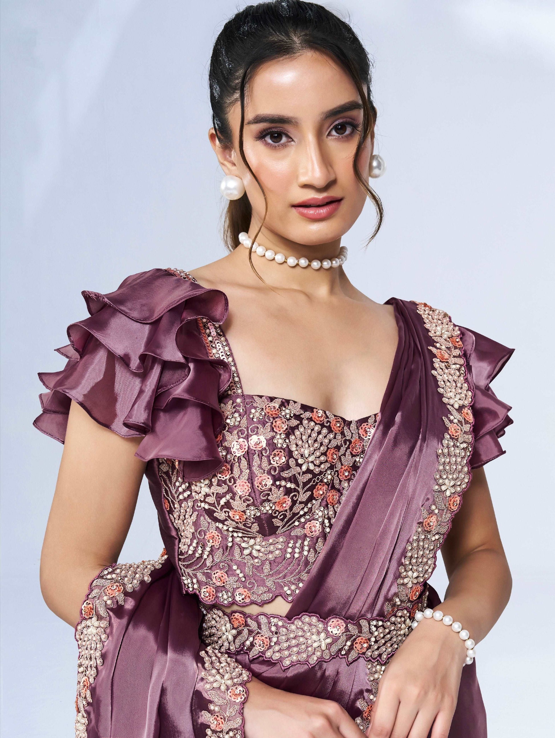 Plum Mauve Ready-to-Wear Saree with Embroidered Designer Blouse - Femenica