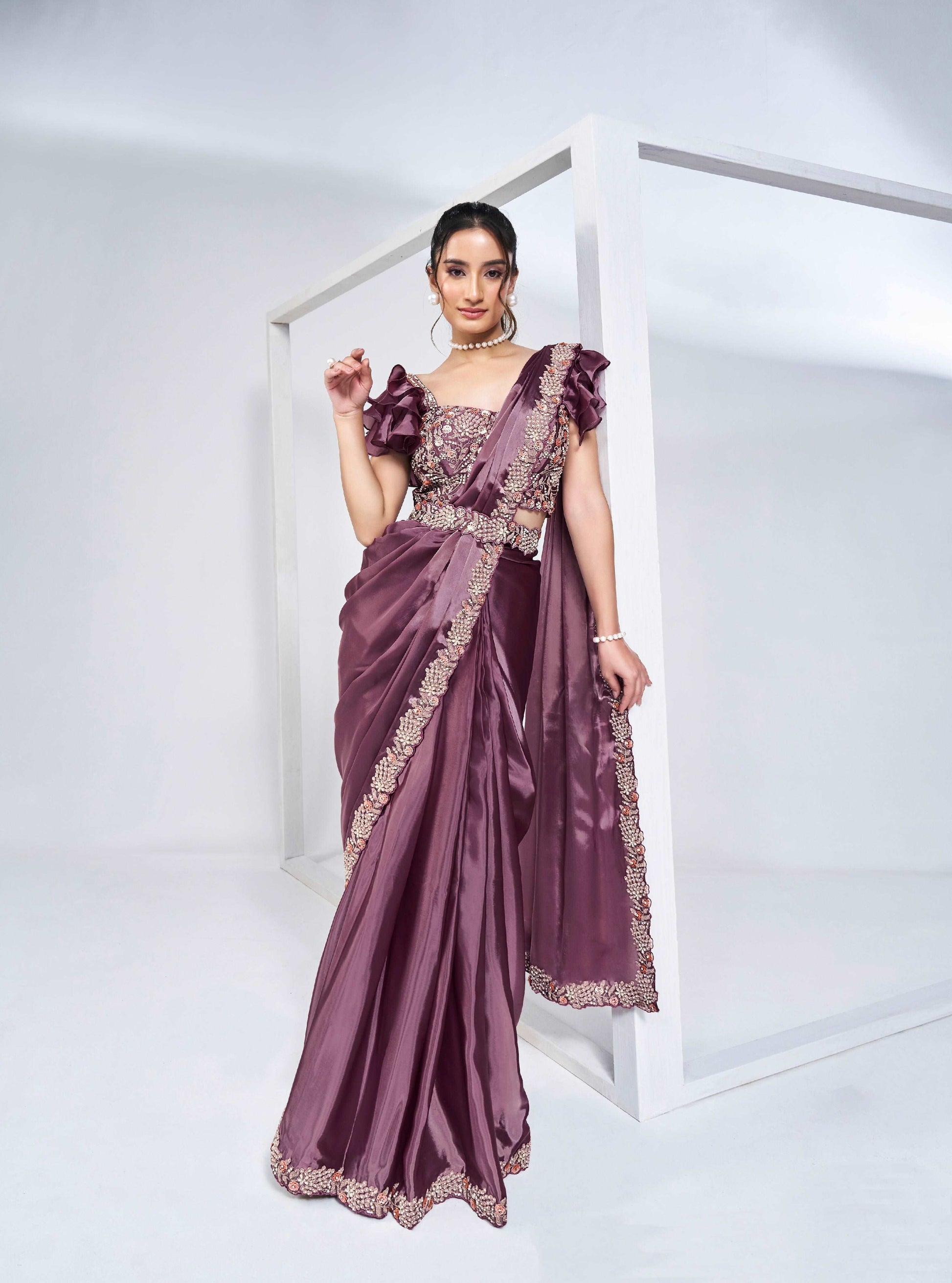 Plum Mauve Ready-to-Wear Saree with Embroidered Designer Blouse - Femenica