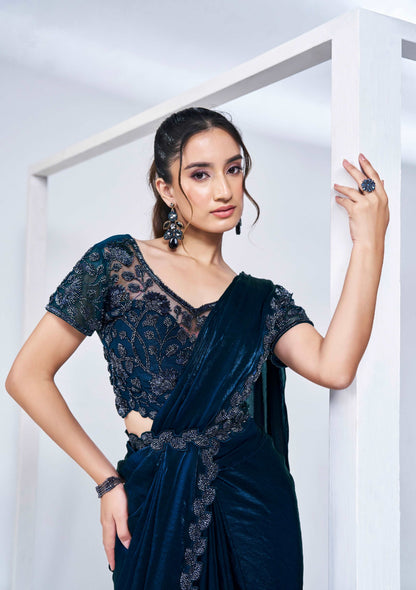 Midnight Blue Ready-to-Wear Saree with Embroidered Blouse - Femenica