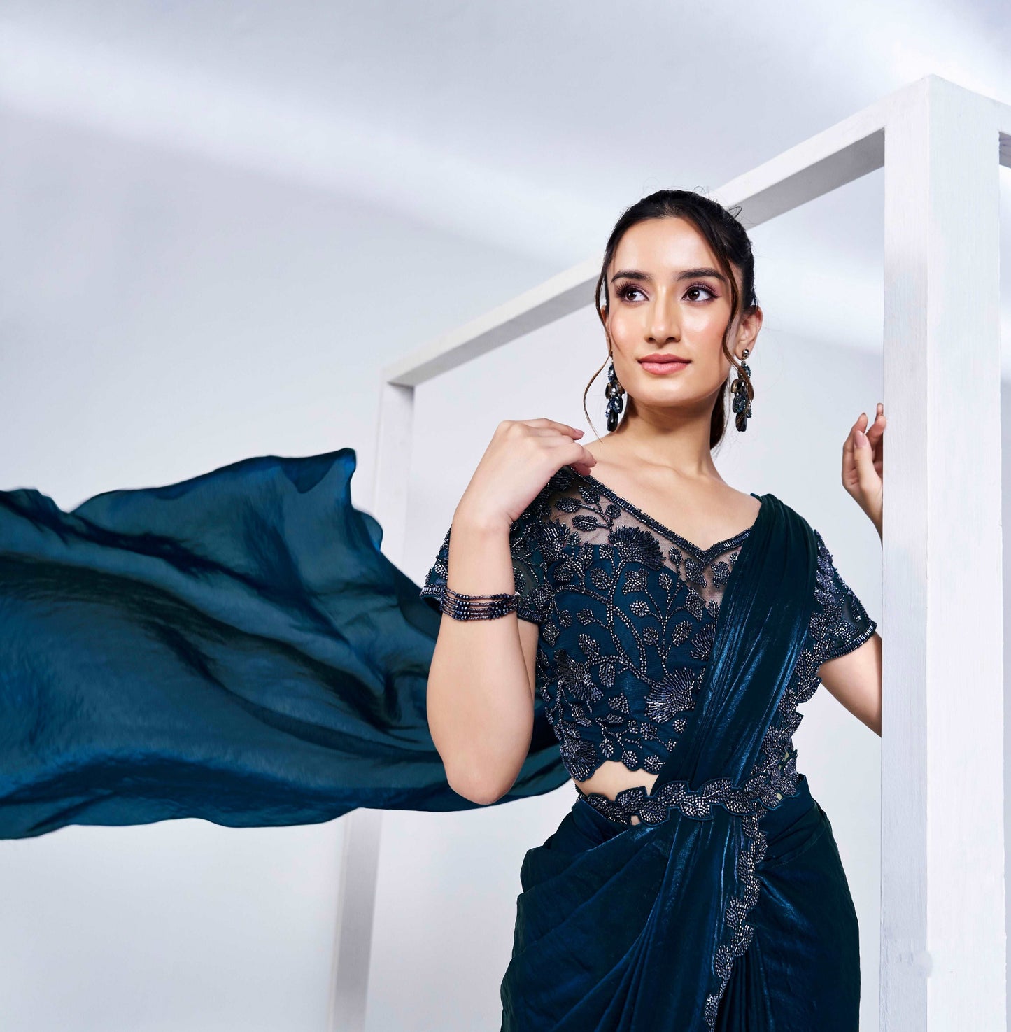 Midnight Blue Ready-to-Wear Saree with Embroidered Blouse - Femenica