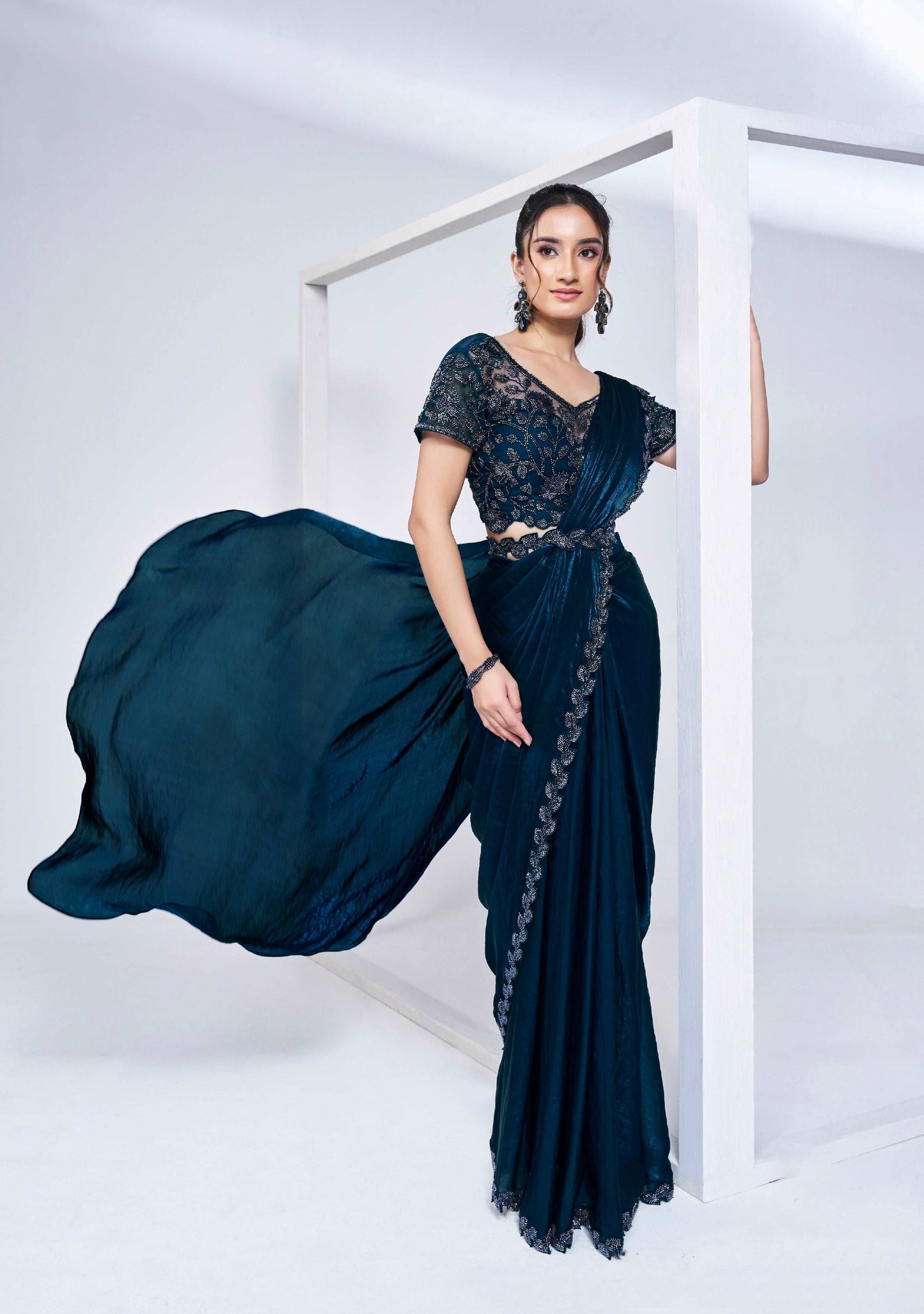 Midnight Blue Ready-to-Wear Saree with Embroidered Blouse - Femenica