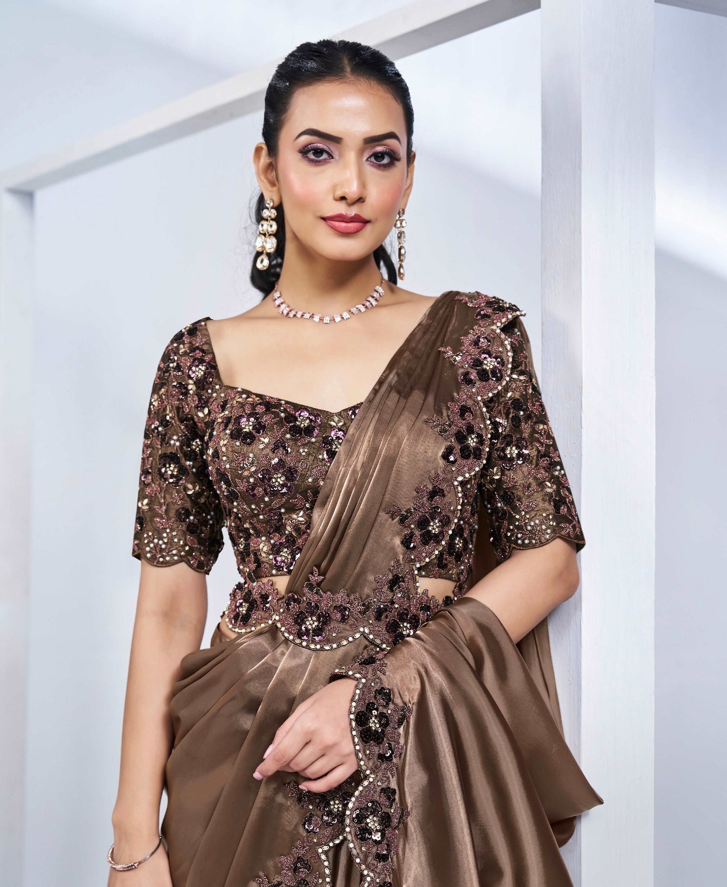 Coffee Brown Ready-to-Wear Saree with Detailed Embroidery - Femenica