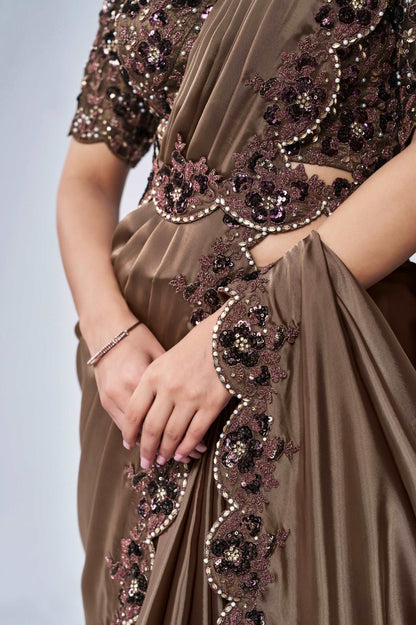 Coffee Brown Ready-to-Wear Saree with Detailed Embroidery - Femenica