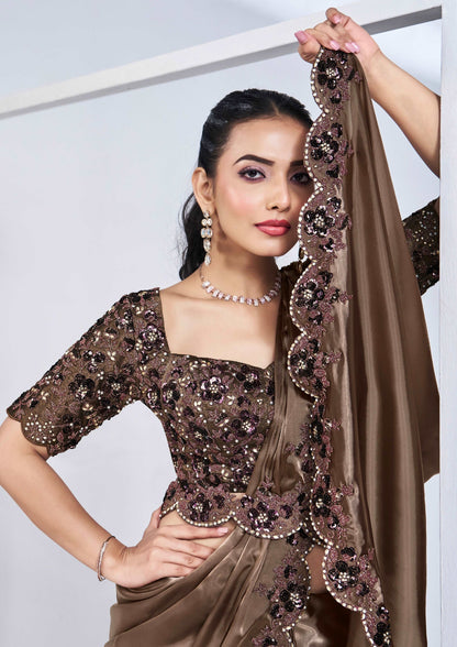 Coffee Brown Ready-to-Wear Saree with Detailed Embroidery - Femenica