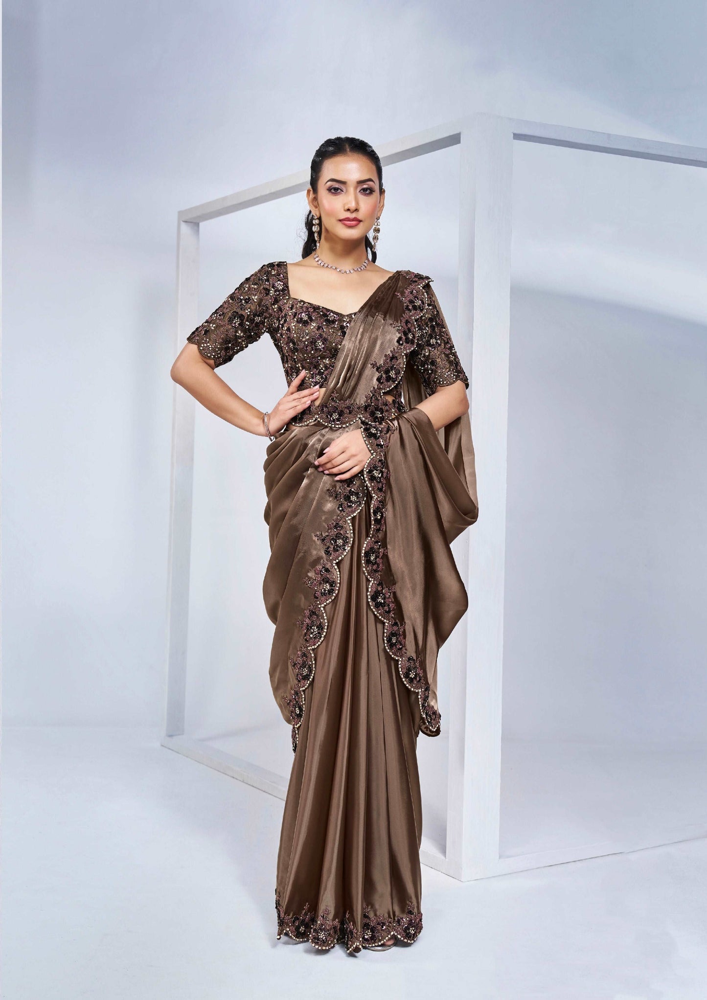 Coffee Brown Ready-to-Wear Saree with Detailed Embroidery - Femenica