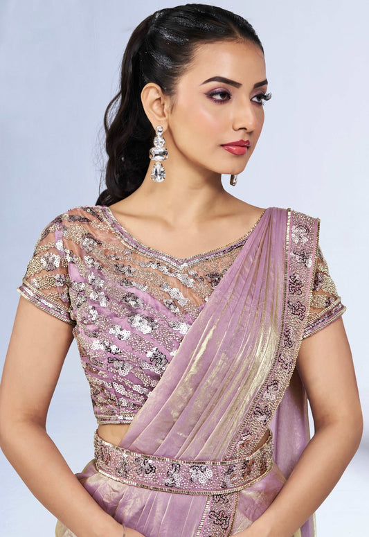 Light Lavender Ready-to-Wear Saree with Embroidered Designer Blouse - Femenica