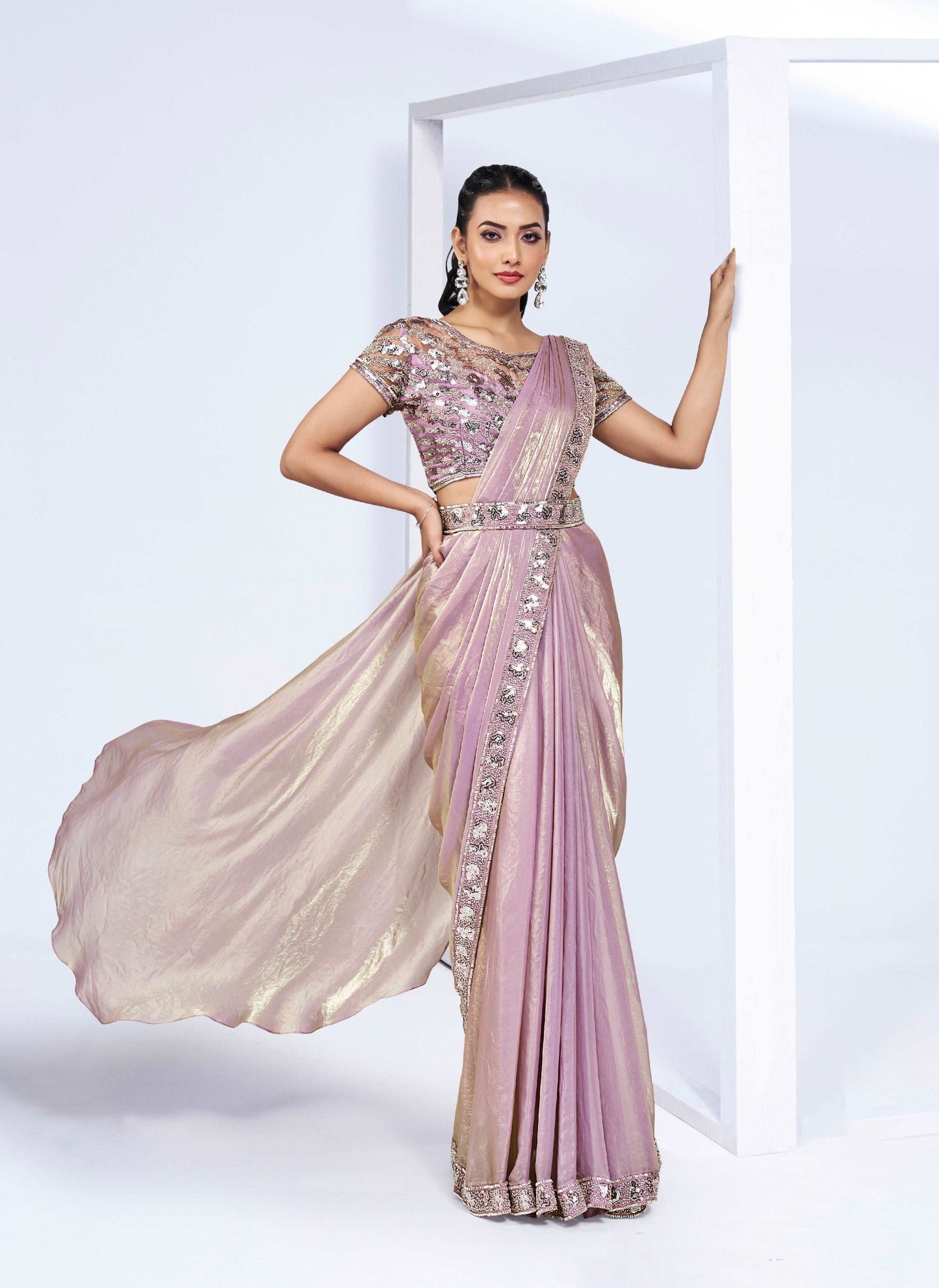 Light Lavender Ready-to-Wear Saree with Embroidered Designer Blouse - Femenica