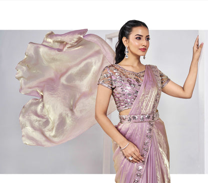 Light Lavender Ready-to-Wear Saree with Embroidered Designer Blouse - Femenica