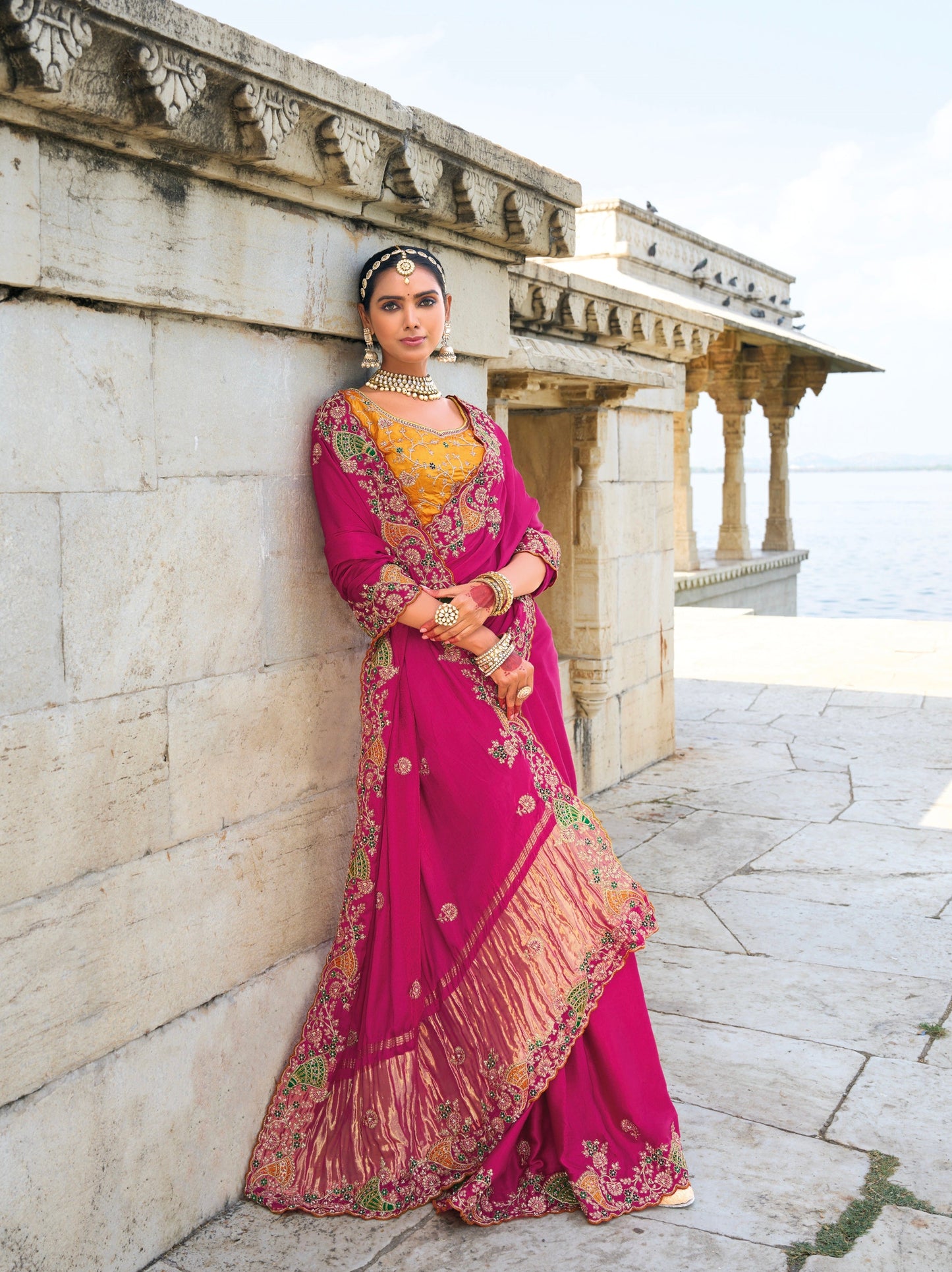 Rani Pink Satin Saree with Jari, Thread & Moti Embroidery - Femenica