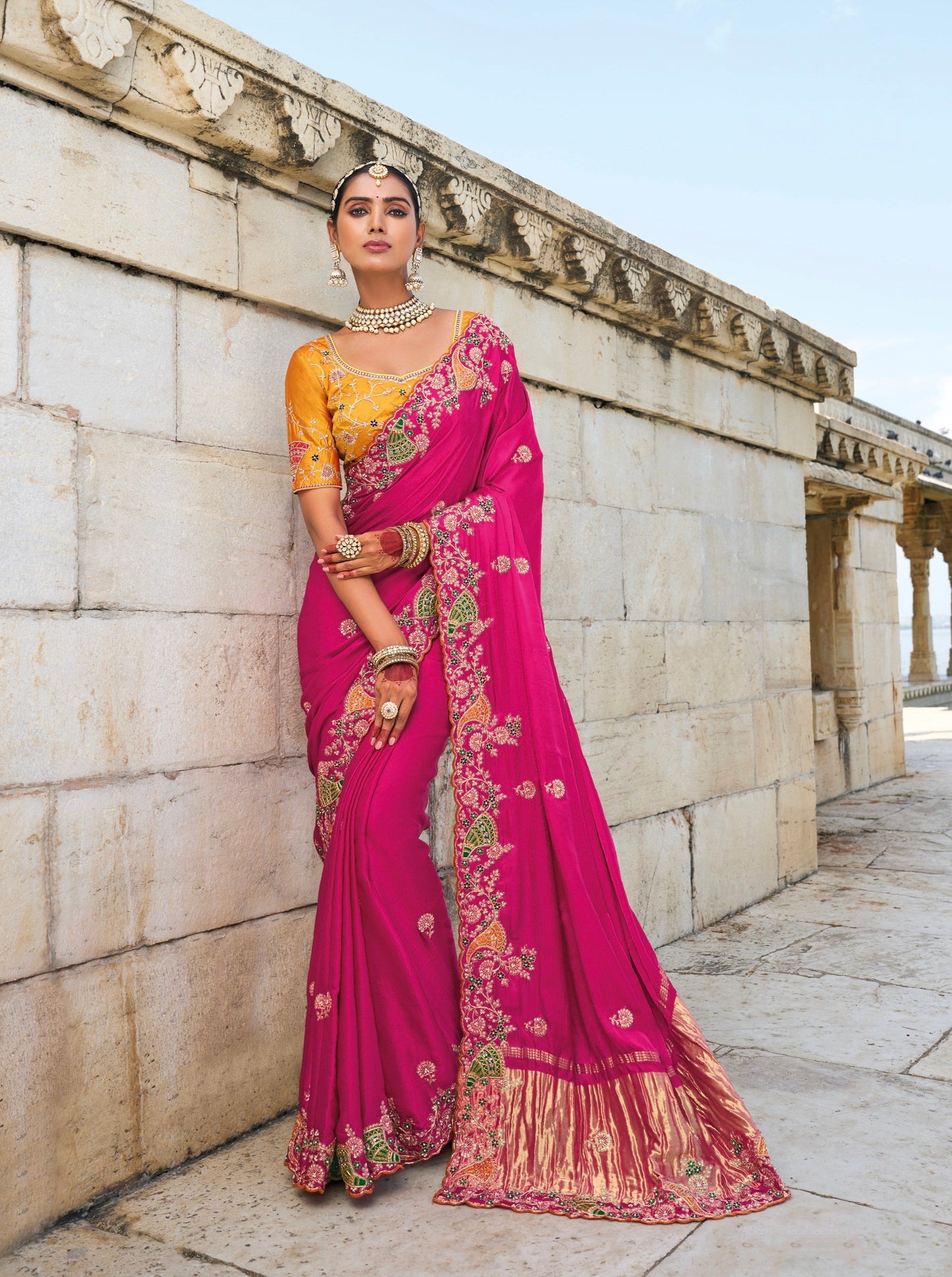 Rani Pink Satin Saree with Jari, Thread & Moti Embroidery - Femenica