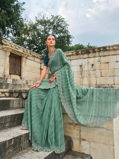 Sea Green Tissue Saree with Moti & Jarkhan Embroidery - Femenica