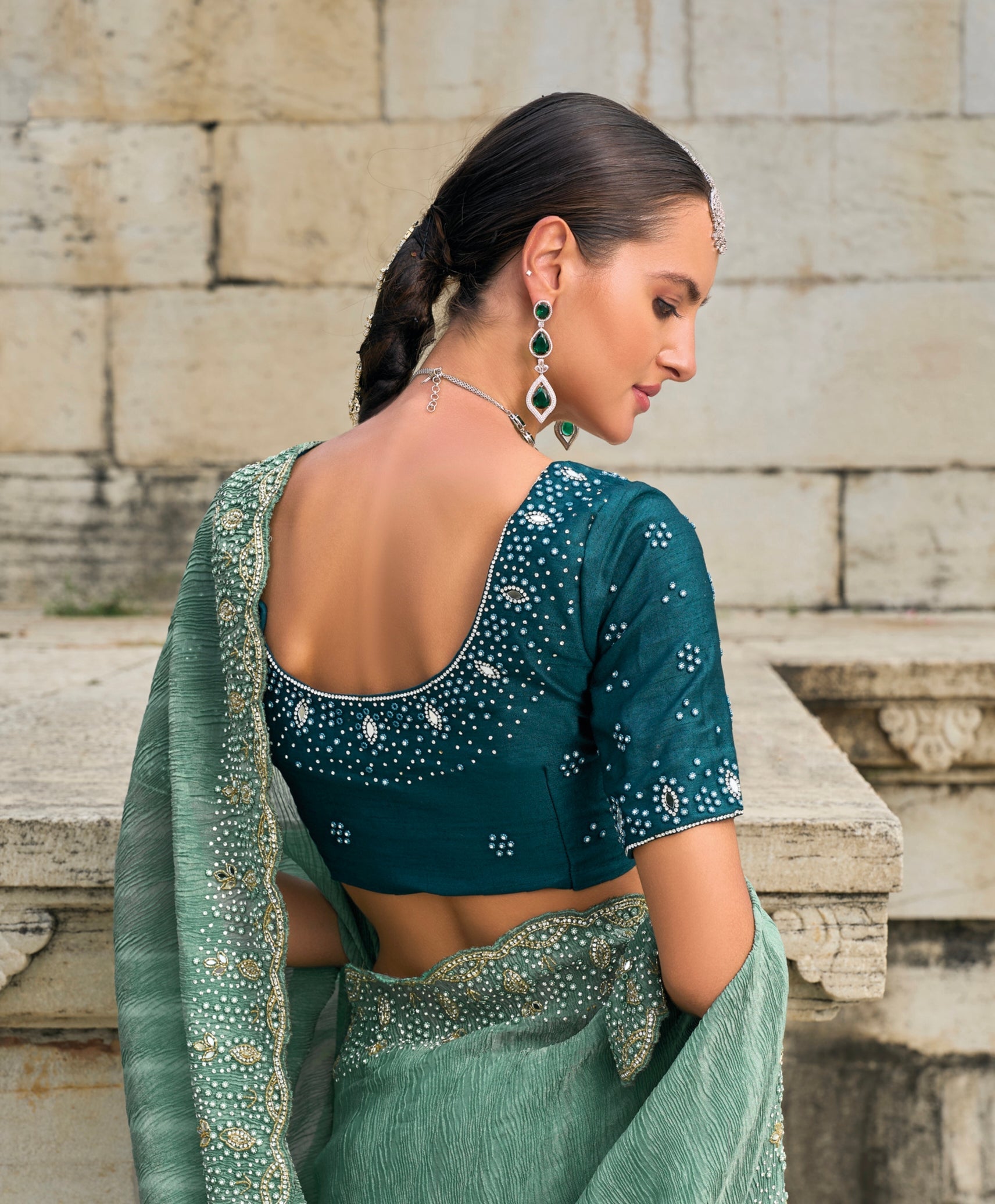 Sea Green Tissue Saree with Moti & Jarkhan Embroidery - Femenica