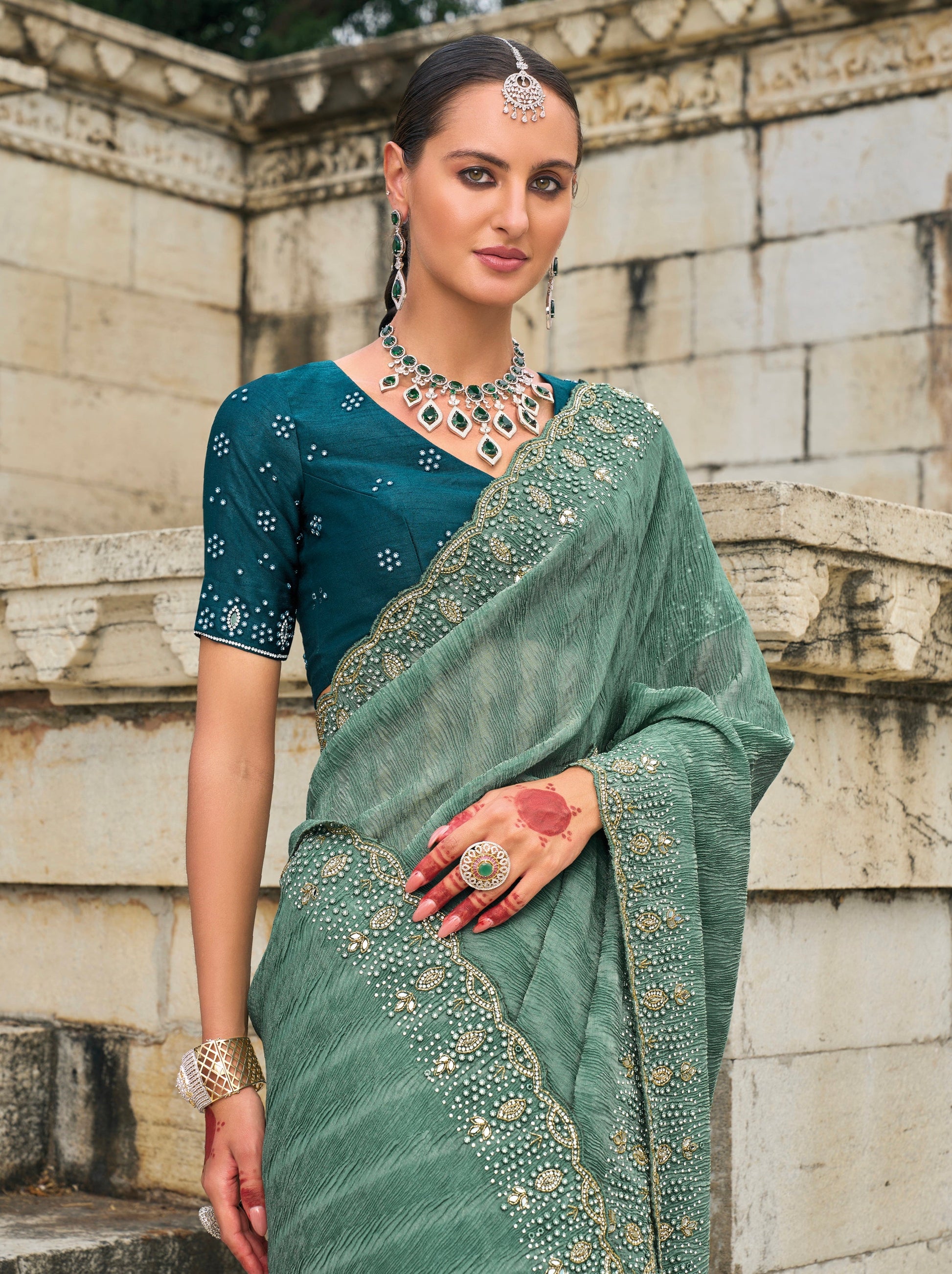 Sea Green Tissue Saree with Moti & Jarkhan Embroidery - Femenica