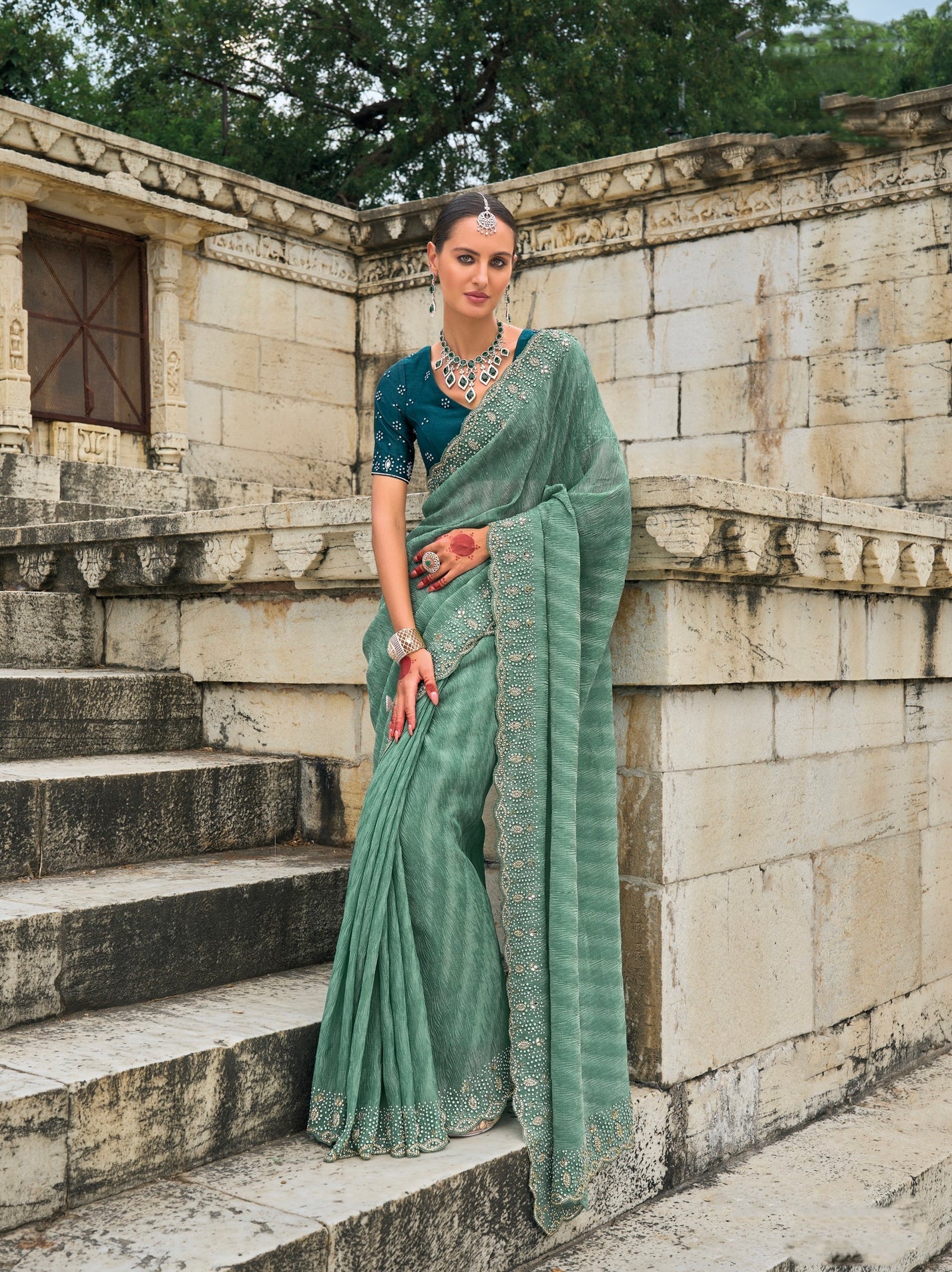 Sea Green Tissue Saree with Moti & Jarkhan Embroidery - Femenica