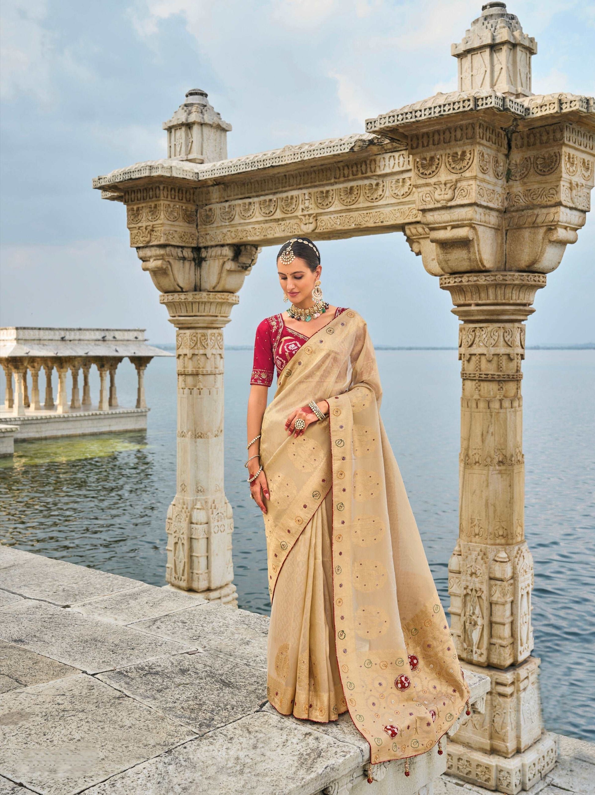 Chiku Kanjivaram Silk Saree with Jardoshi & Cut-Dana Detailing - Femenica