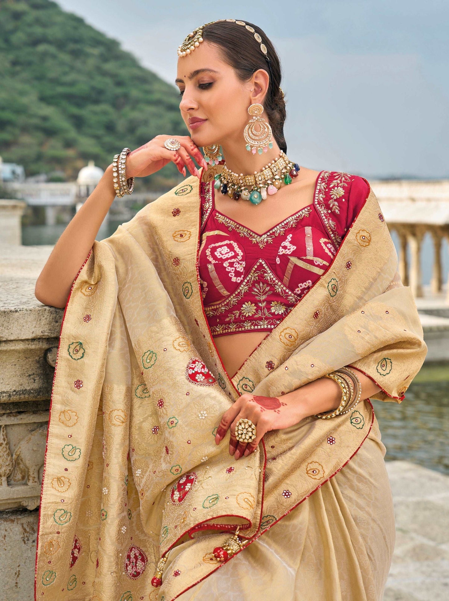 Chiku Kanjivaram Silk Saree with Jardoshi & Cut-Dana Detailing - Femenica