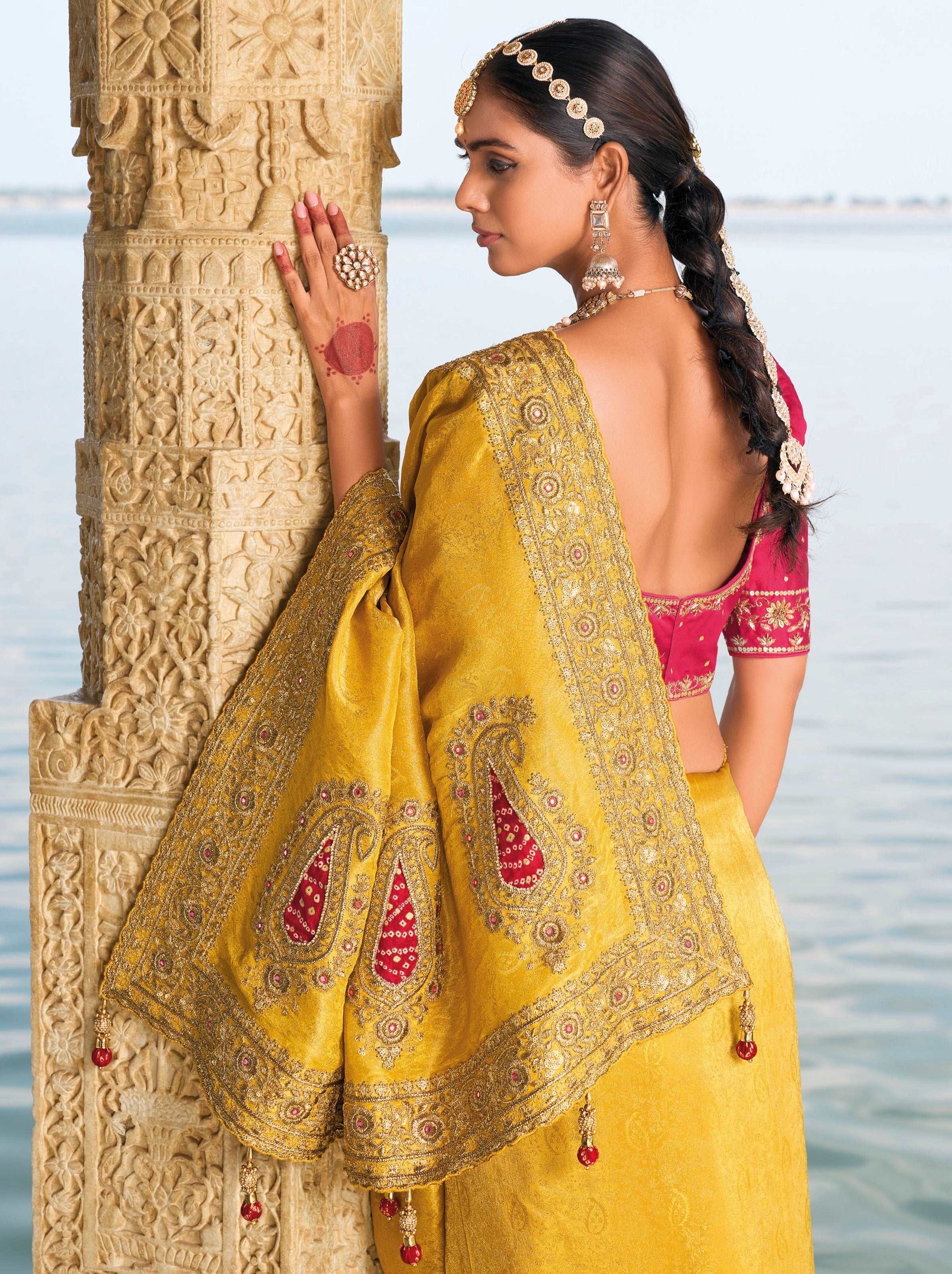 Mustard Pure Crepe Jacquard Saree with Mirror and Jardoshi Heavy Work - Femenica