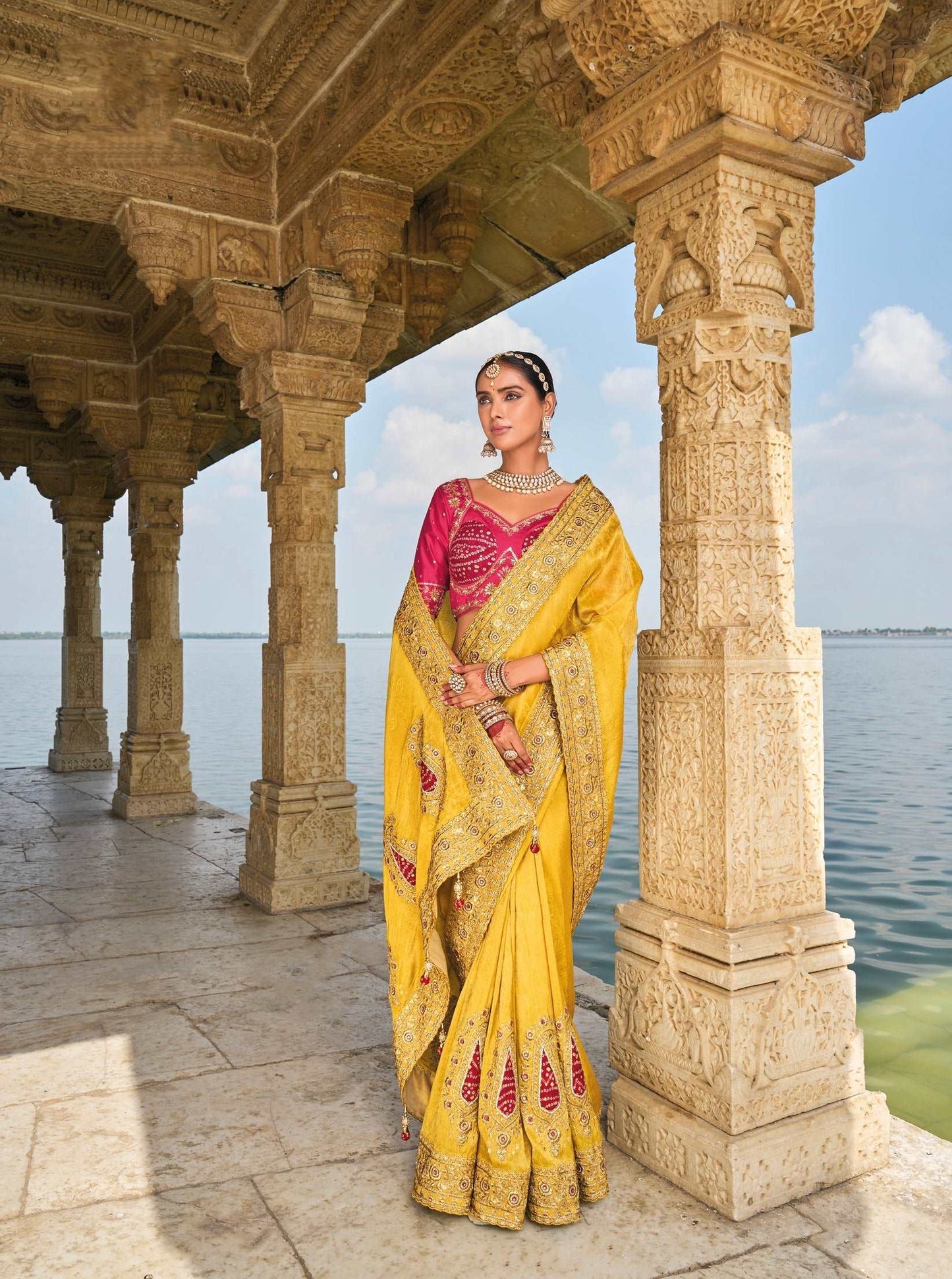 Mustard Pure Crepe Jacquard Saree with Mirror and Jardoshi Heavy Work - Femenica