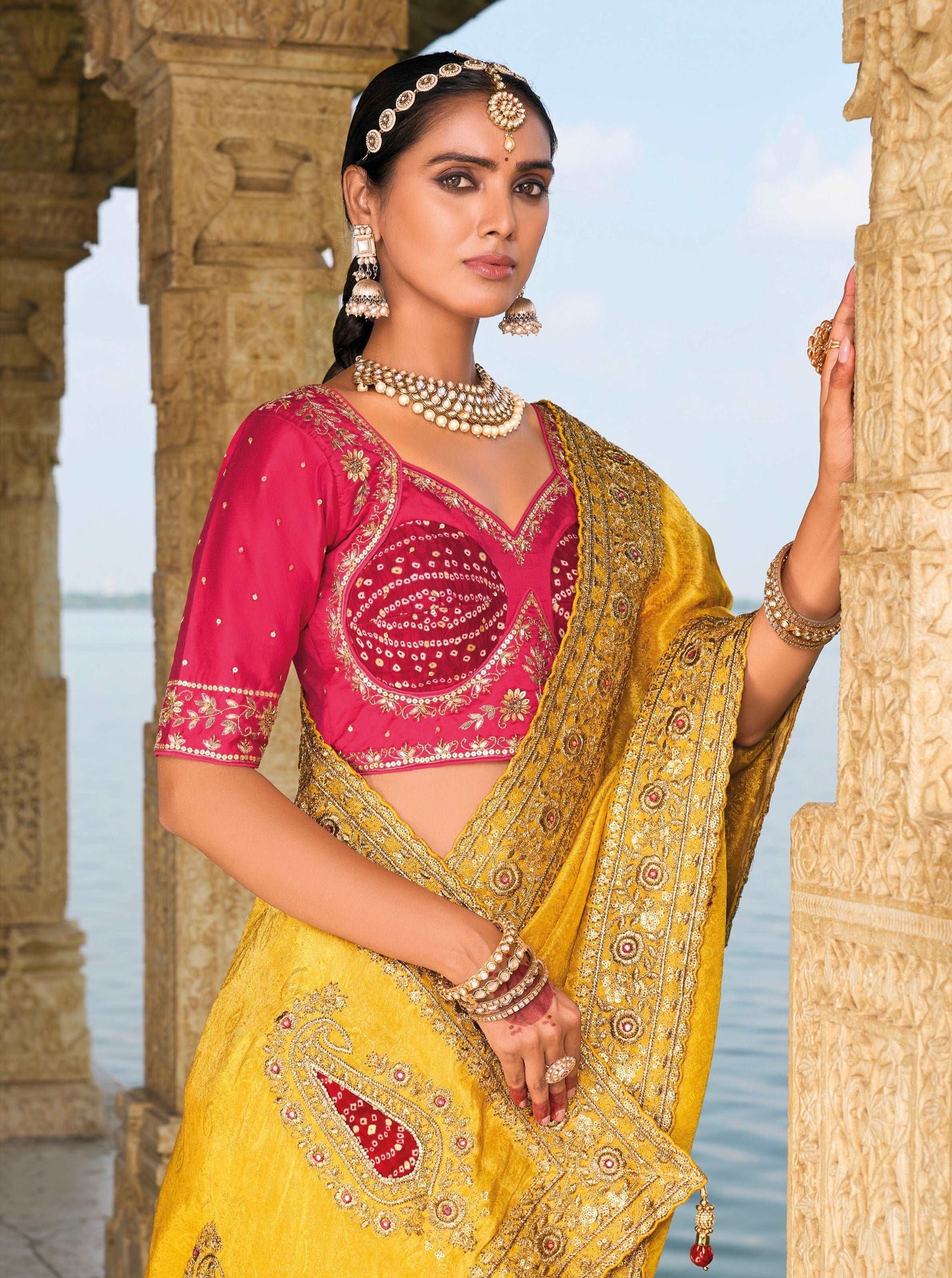 Mustard Pure Crepe Jacquard Saree with Mirror and Jardoshi Heavy Work - Femenica