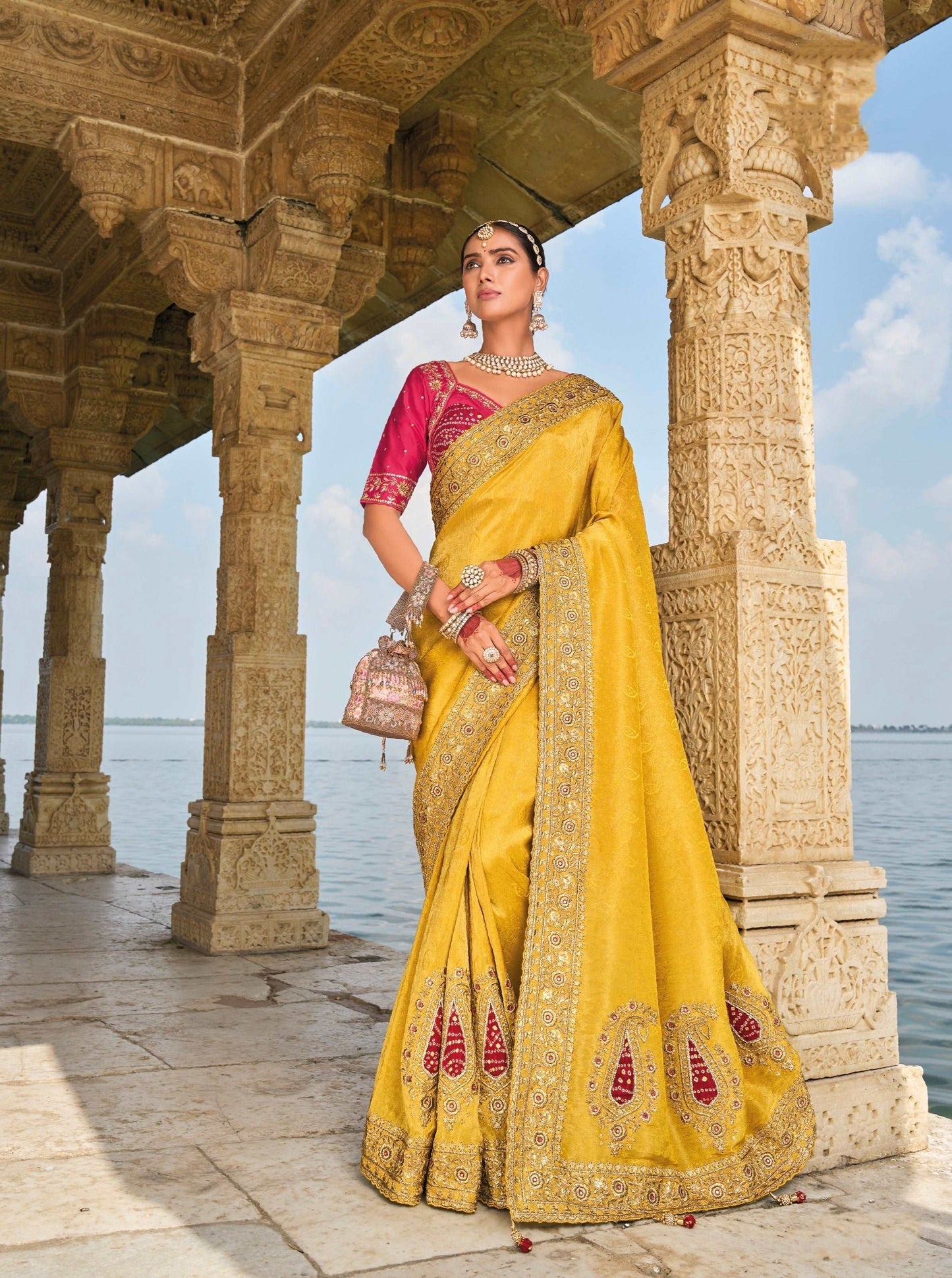 Mustard Pure Crepe Jacquard Saree with Mirror and Jardoshi Heavy Work - Femenica