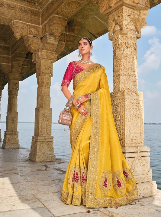 Mustard Pure Crepe Jacquard Saree with Mirror and Jardoshi Heavy Work - Femenica