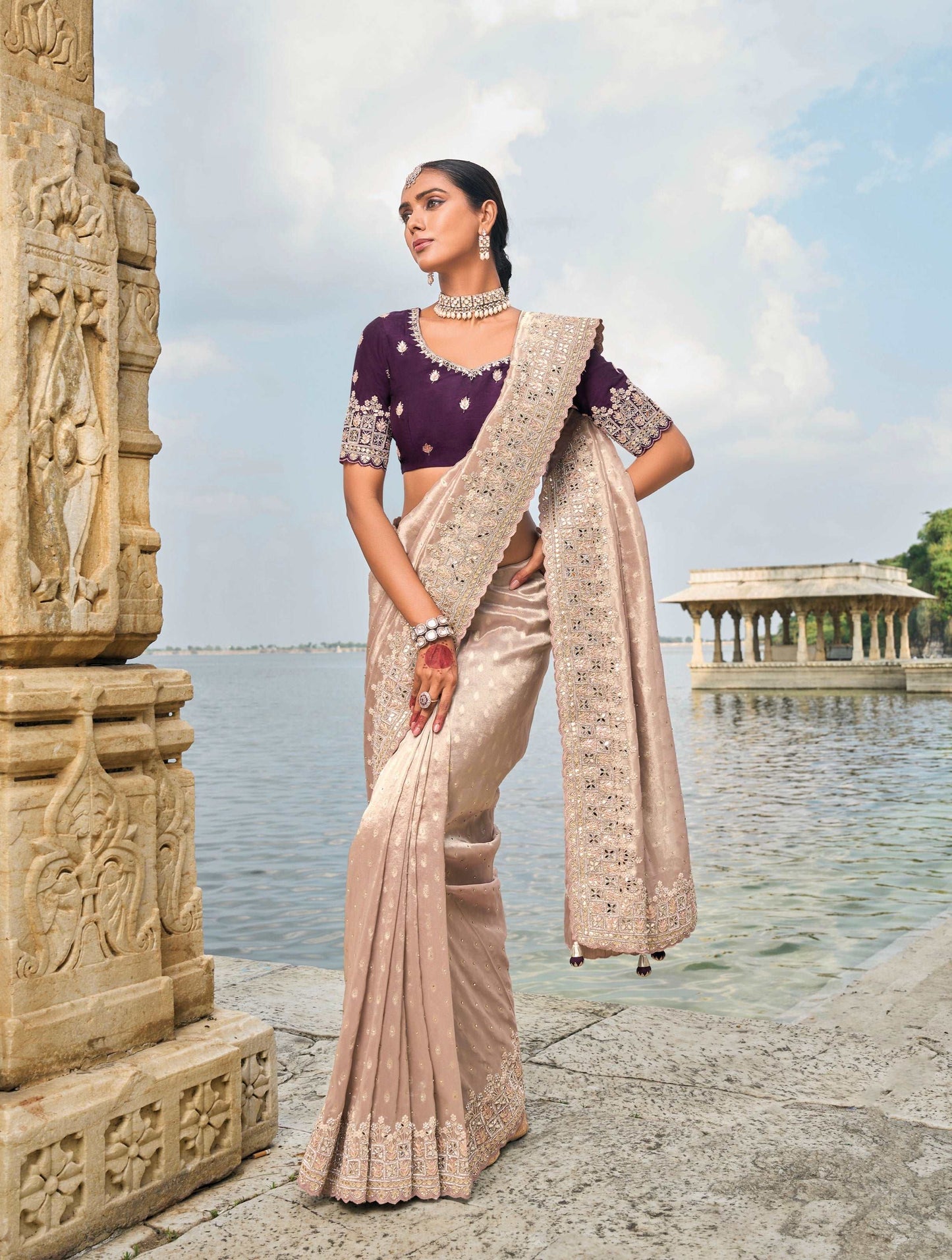 Light Peach Pure Kanjivaram Butti Saree with Jarkhan & Moti Heavy Work - Femenica