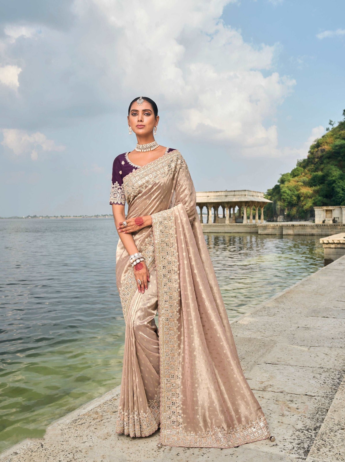 Light Peach Pure Kanjivaram Butti Saree with Jarkhan & Moti Heavy Work - Femenica