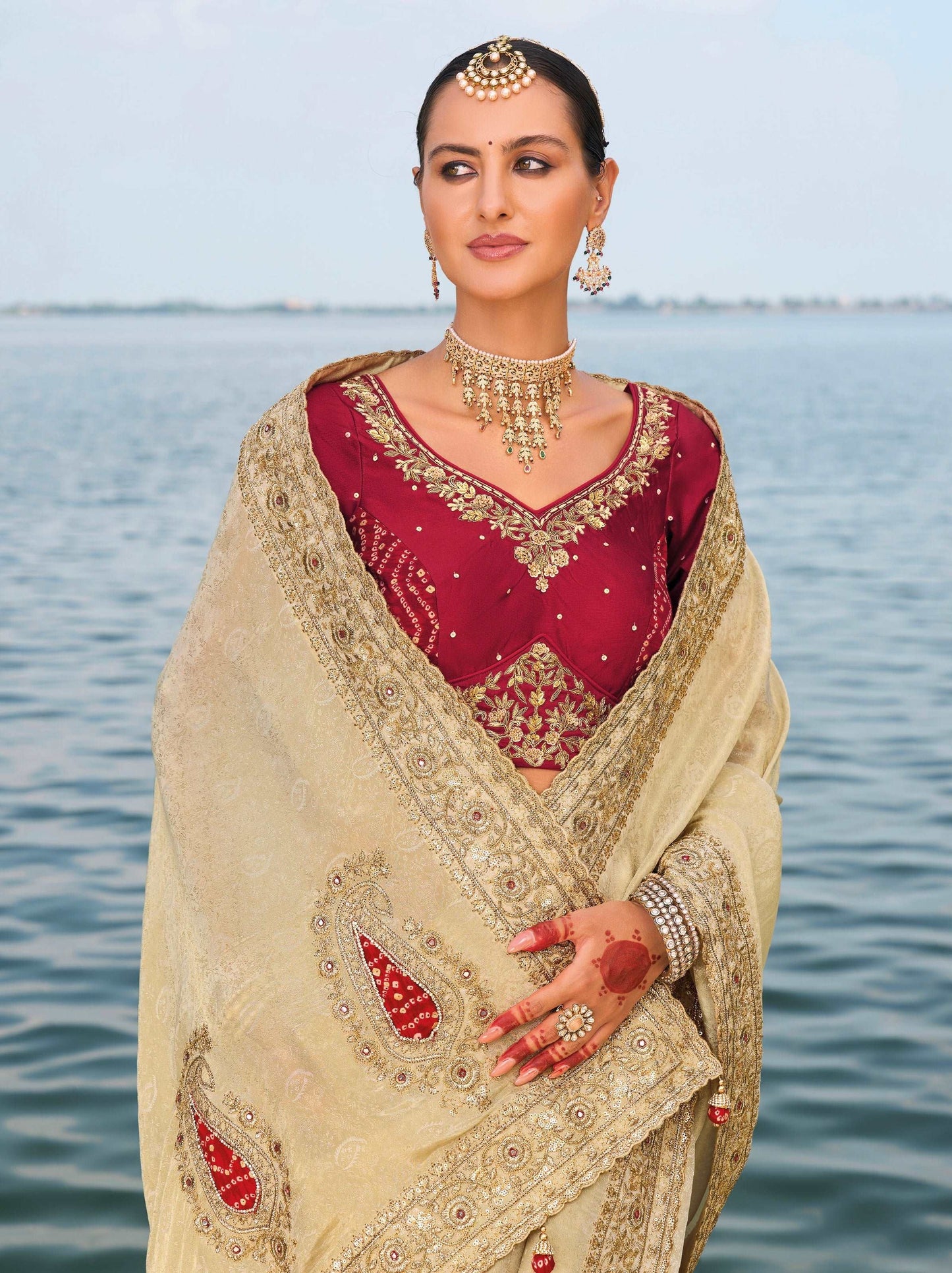 Cream Pure Jaquard Saree with Cut-Dana, Mirror & Jarkhan Heavy Work - Femenica