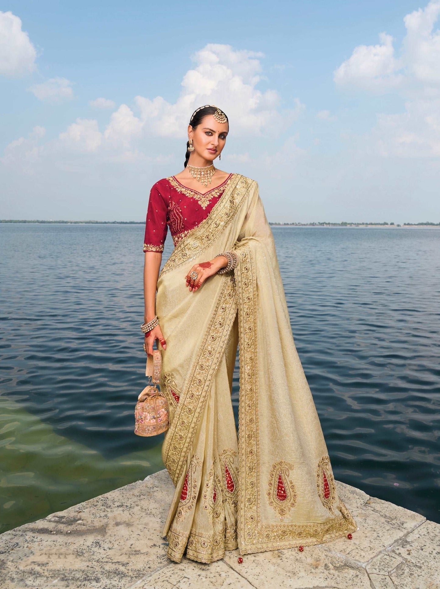 Cream Pure Jaquard Saree with Cut-Dana, Mirror & Jarkhan Heavy Work - Femenica